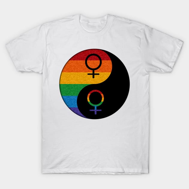 Rainbow Colored Lesbian Pride Yin and Yang with Female Gender Symbols T-Shirt by LiveLoudGraphics